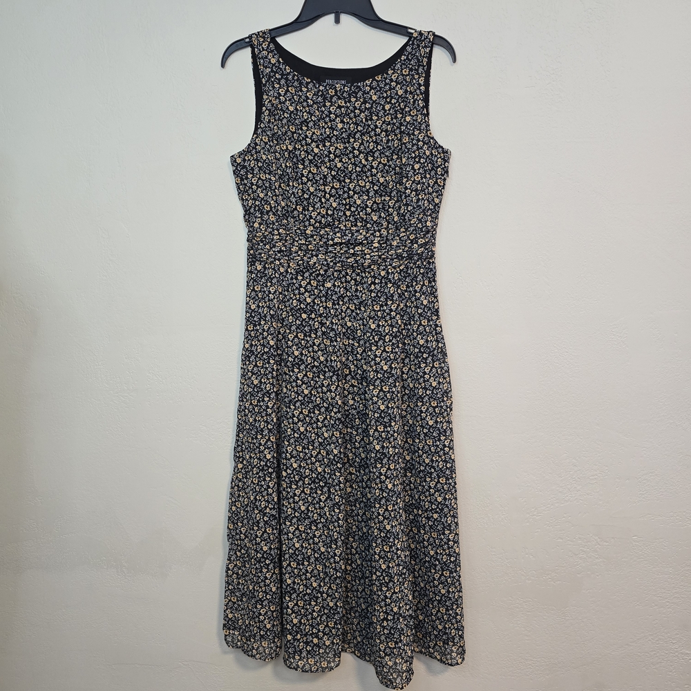 Perceptions Floral Sleeveless Dress Midi Small Black Gold